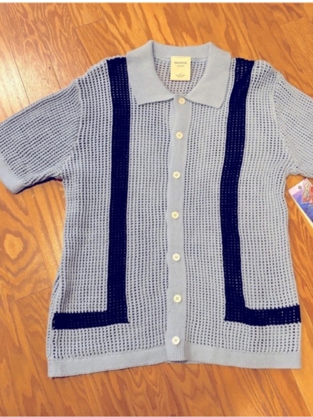Massive Luxury NEW Crochet Cotton Short Sleeve Button Front WovenTop Mens Small
